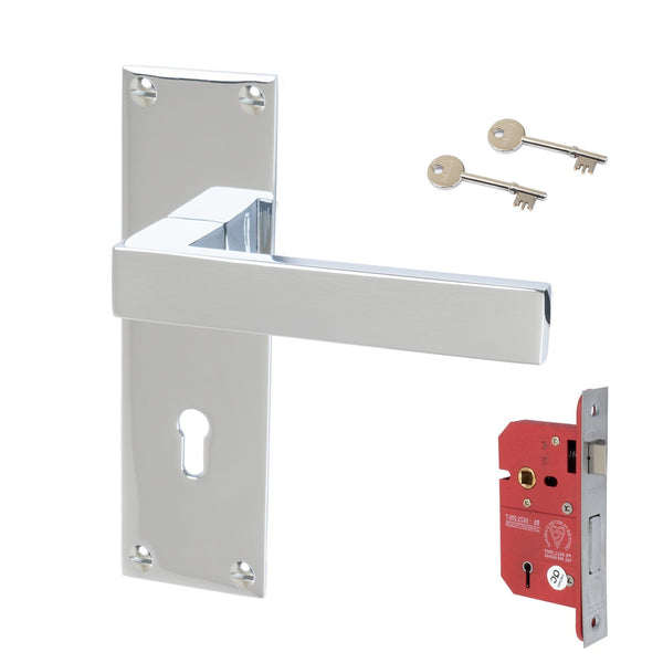 Metro Door Handles On Plate 5 Lever Lock Handle Set in Polished Chrome 