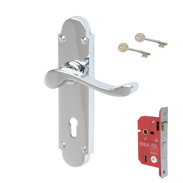 Savoy Door Handles On Plate 5 Lever Lock Handle Set in Polished Chrome 