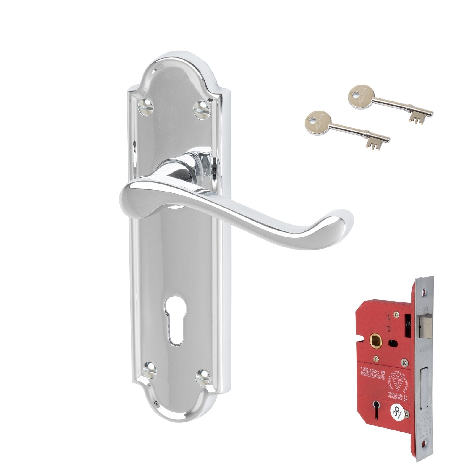 Meridian Door Handles On Plate 5 Lever Lock Handle Set in Polished Chrome 
