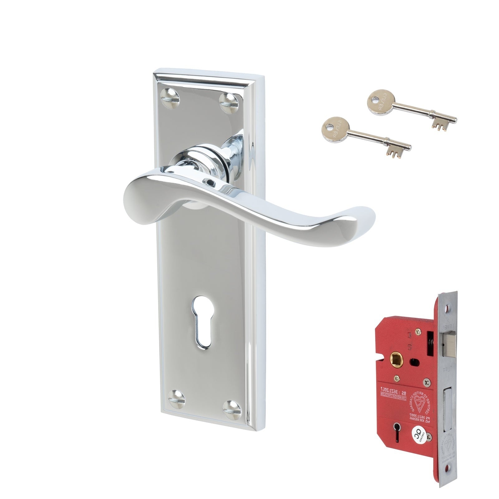 Edwardian Door Handles On Plate 5 Lever Lock Handle Set in Polished Chrome 