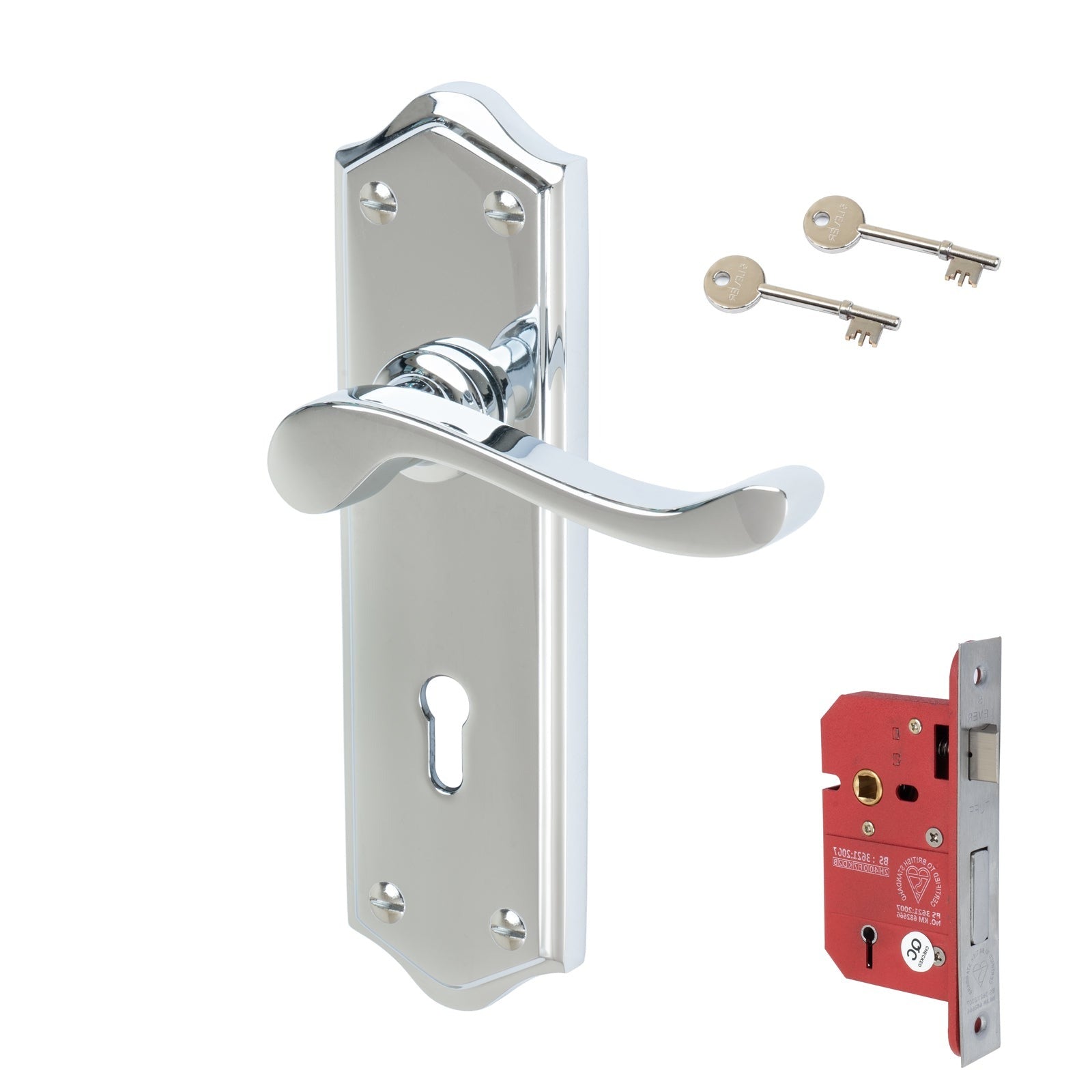 Buckingham Door Handles On Plate 5 Lever Lock Handle Set in Polished Chrome 