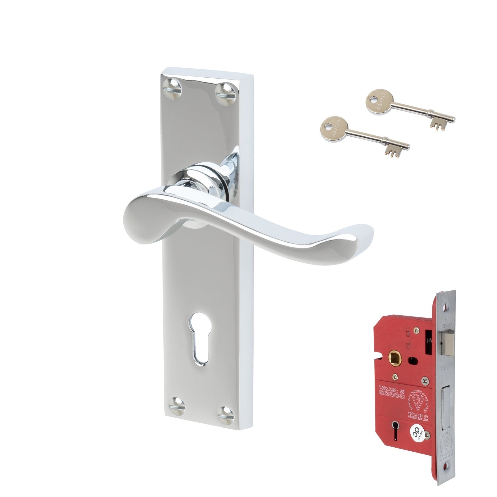Bedford Door Handles On Plate 5 Lever Lock Handle Set in Polished Chrome 