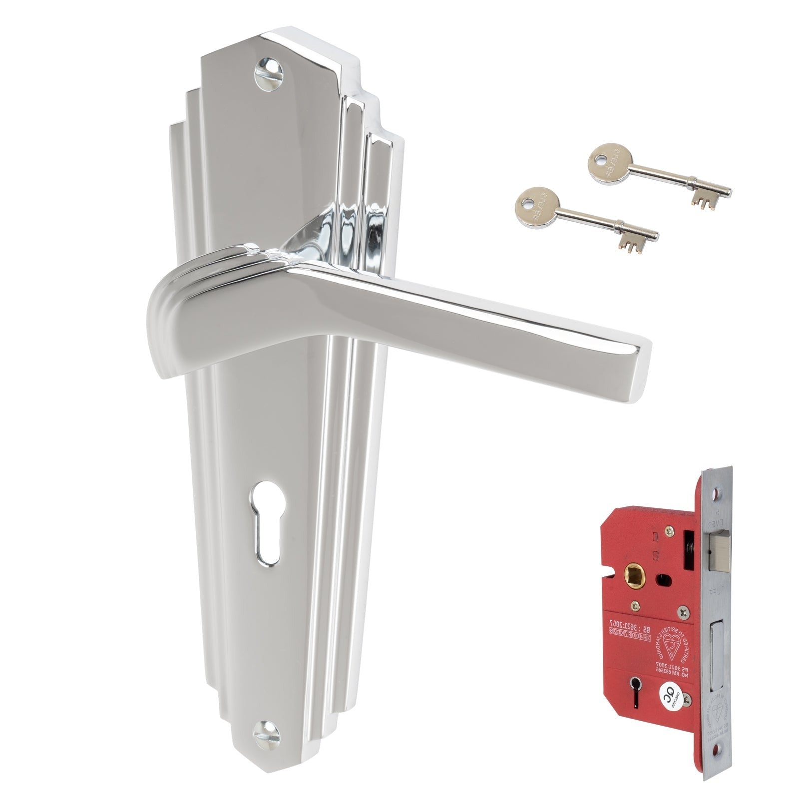Waldorf Door Handles On Plate 5 Lever Lock Handle Set in Polished Chrome 