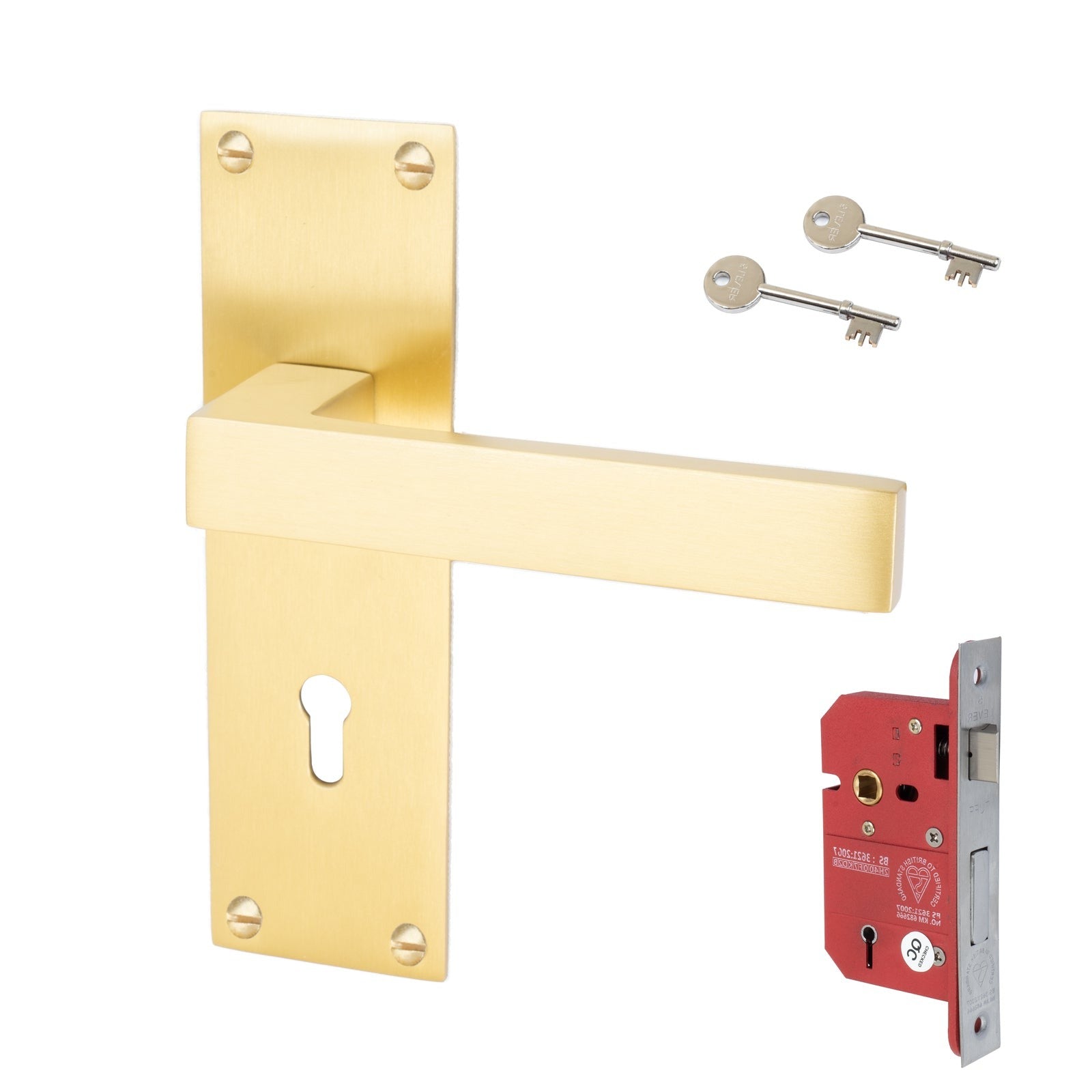 Metro Door Handles On Plate 5 Lever Lock Handle Set in Satin Brass
