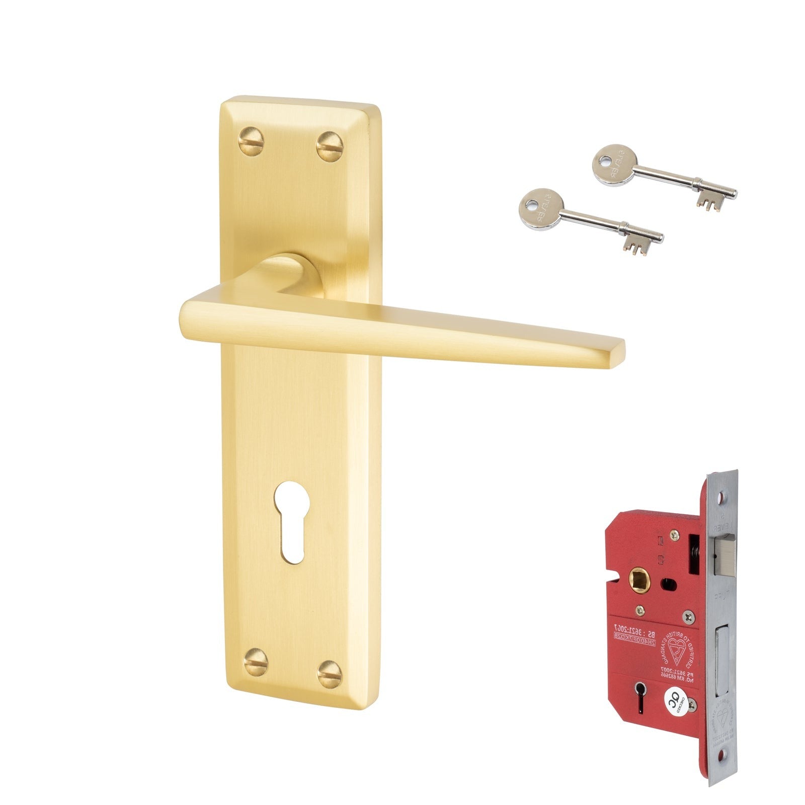 Kendal Door Handles On Plate 5 Lever Lock Handle Set in Satin Brass