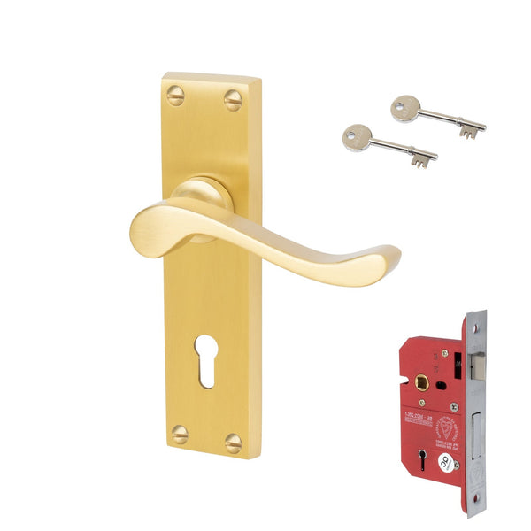 Bedford Door Handles On Plate 5 Lever Lock Handle Set in Satin Brass