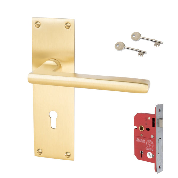 Trident Door Handles On Plate 5 Lever Lock Handle Set in Satin Brass