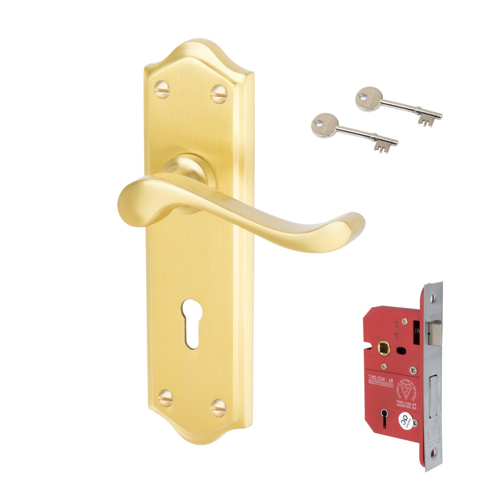 Buckingham Door Handles On Plate 5 Lever Lock Handle Set in Satin Brass