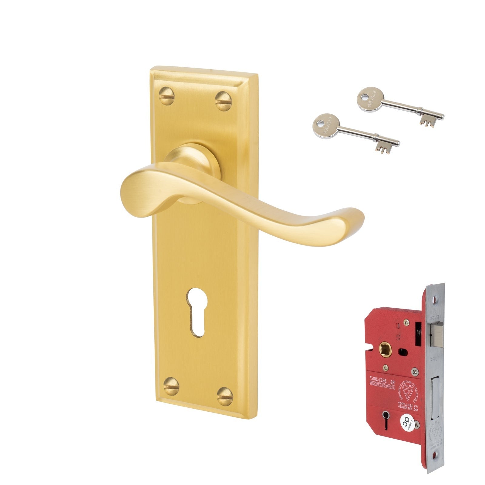Edwardian Door Handles On Plate 5 Lever Lock Handle Set in Satin Brass