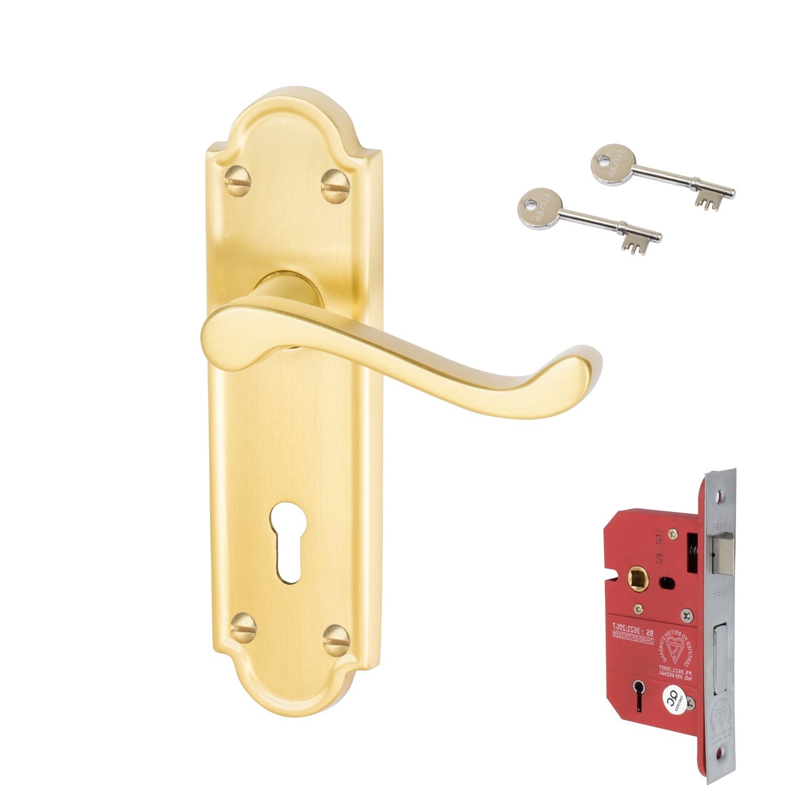 Meridian Door Handles On Plate 5 Lever Lock Handle Set in Satin Brass