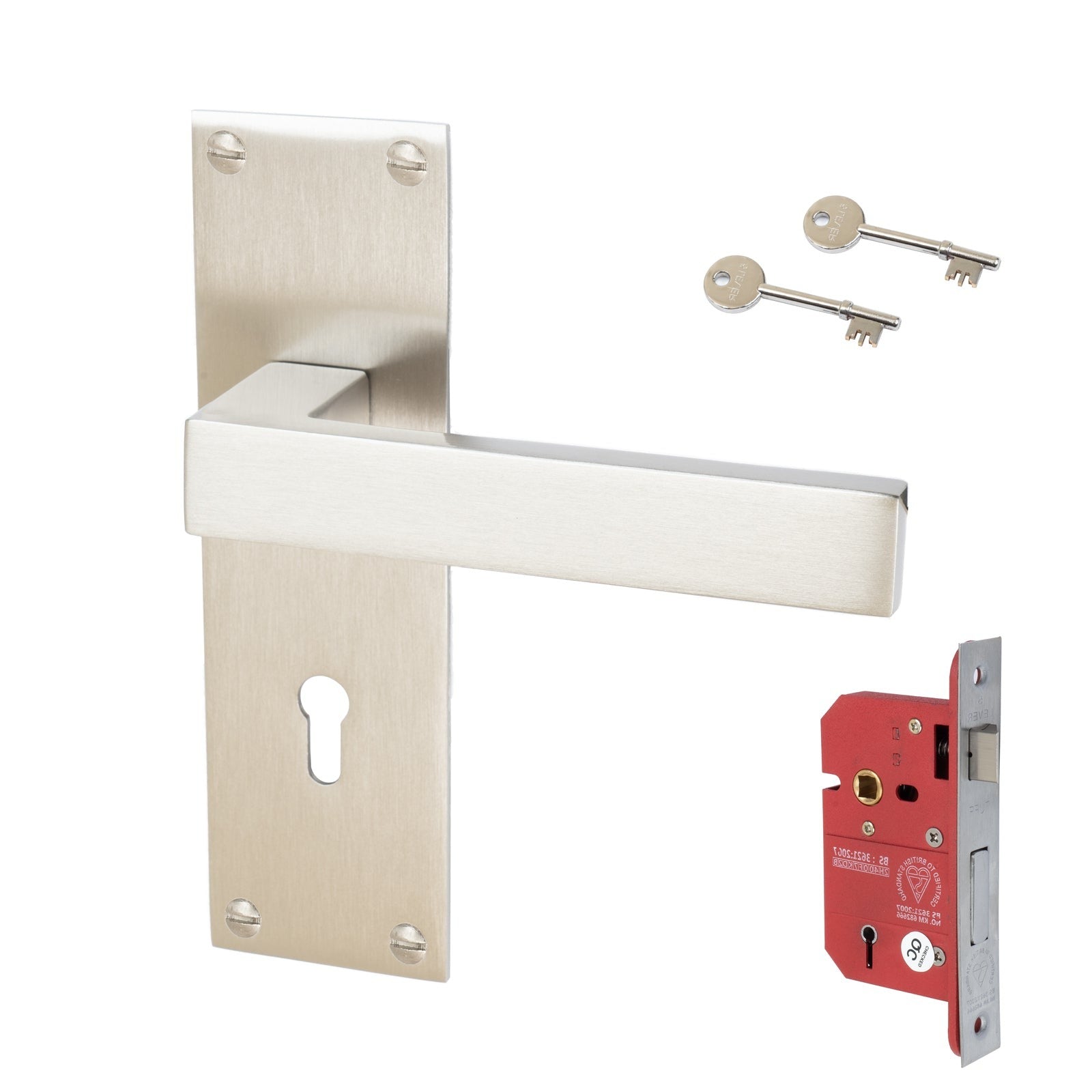 Metro Door Handles On Plate 5 Lever Lock Handle Set in Satin Nickel 