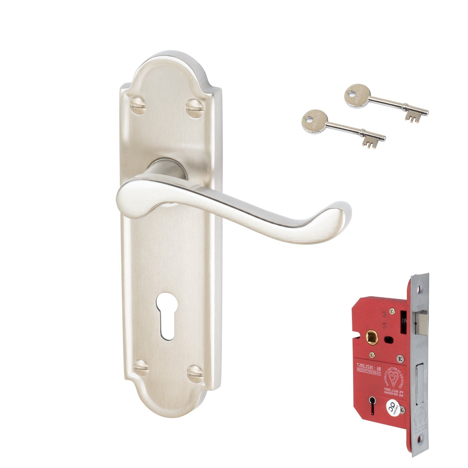Meridian Door Handles On Plate 5 Lever Lock Handle Set in Satin Nickel 