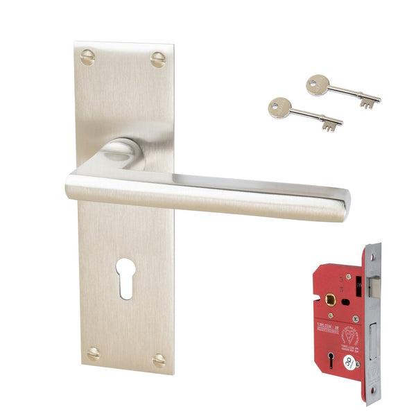 Trident Door Handles On Plate 5 Lever Lock Handle Set in Satin Nickel 