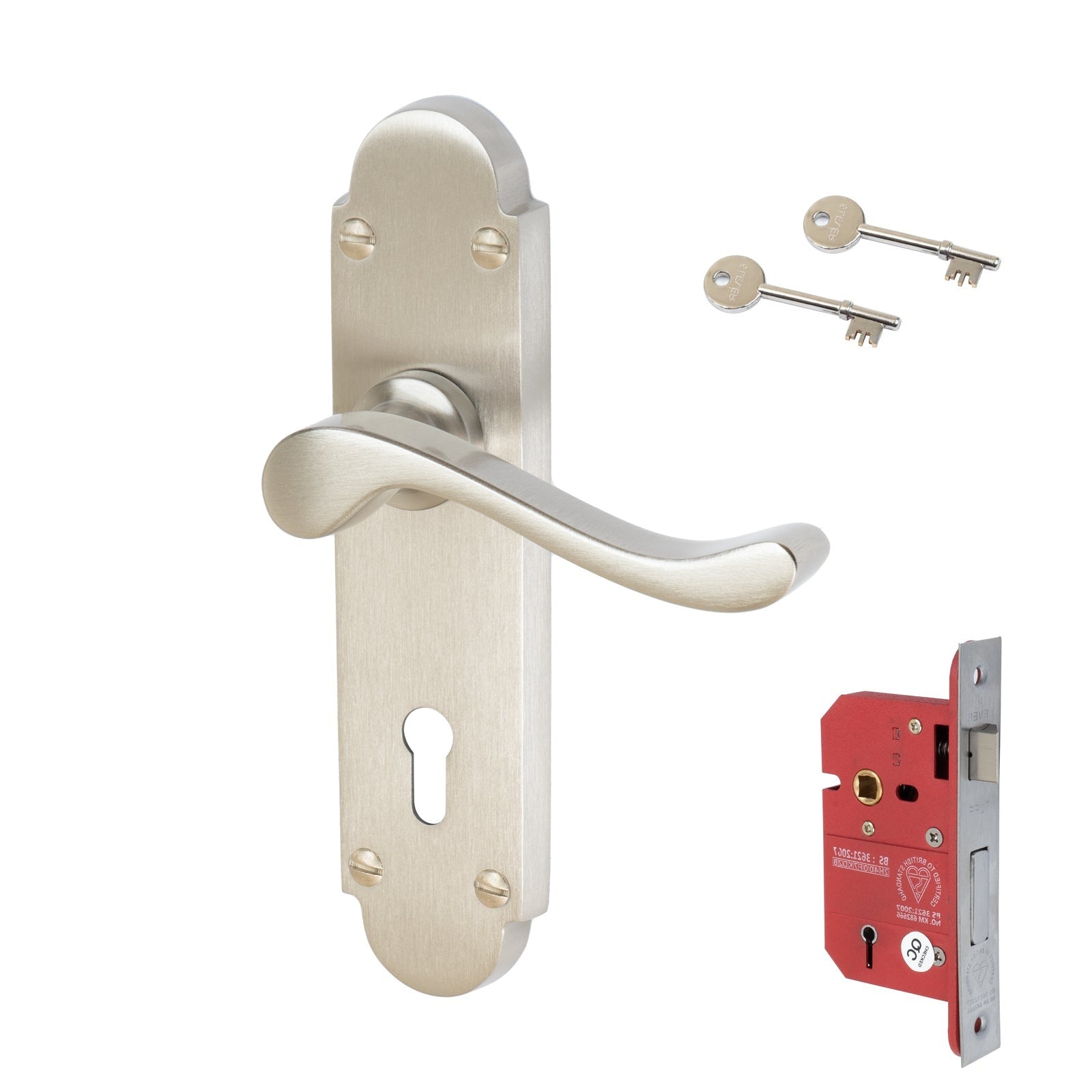 Savoy Door Handles On Plate 5 Lever Lock Handle Set in Satin Nickel 