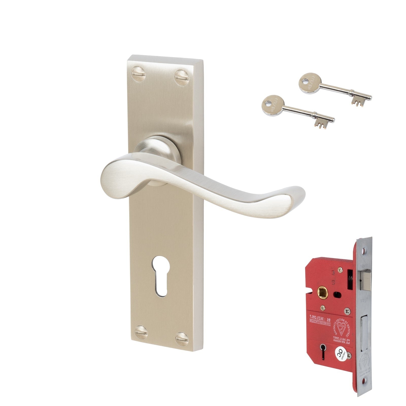 Bedford Door Handles On Plate 5 Lever Lock Handle Set in Satin Nickel 