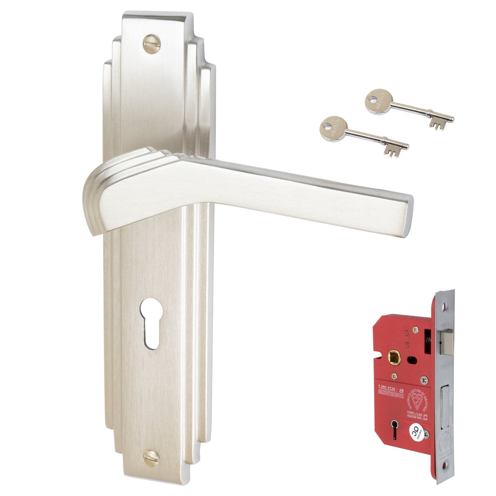 Tiffany Door Handles On Plate 5 Lever Lock Handle Set in Satin Nickel 