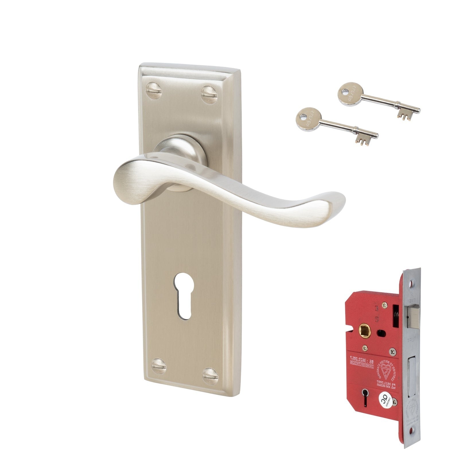 Edwardian Door Handles On Plate 5 Lever Lock Handle Set in Satin Nickel 