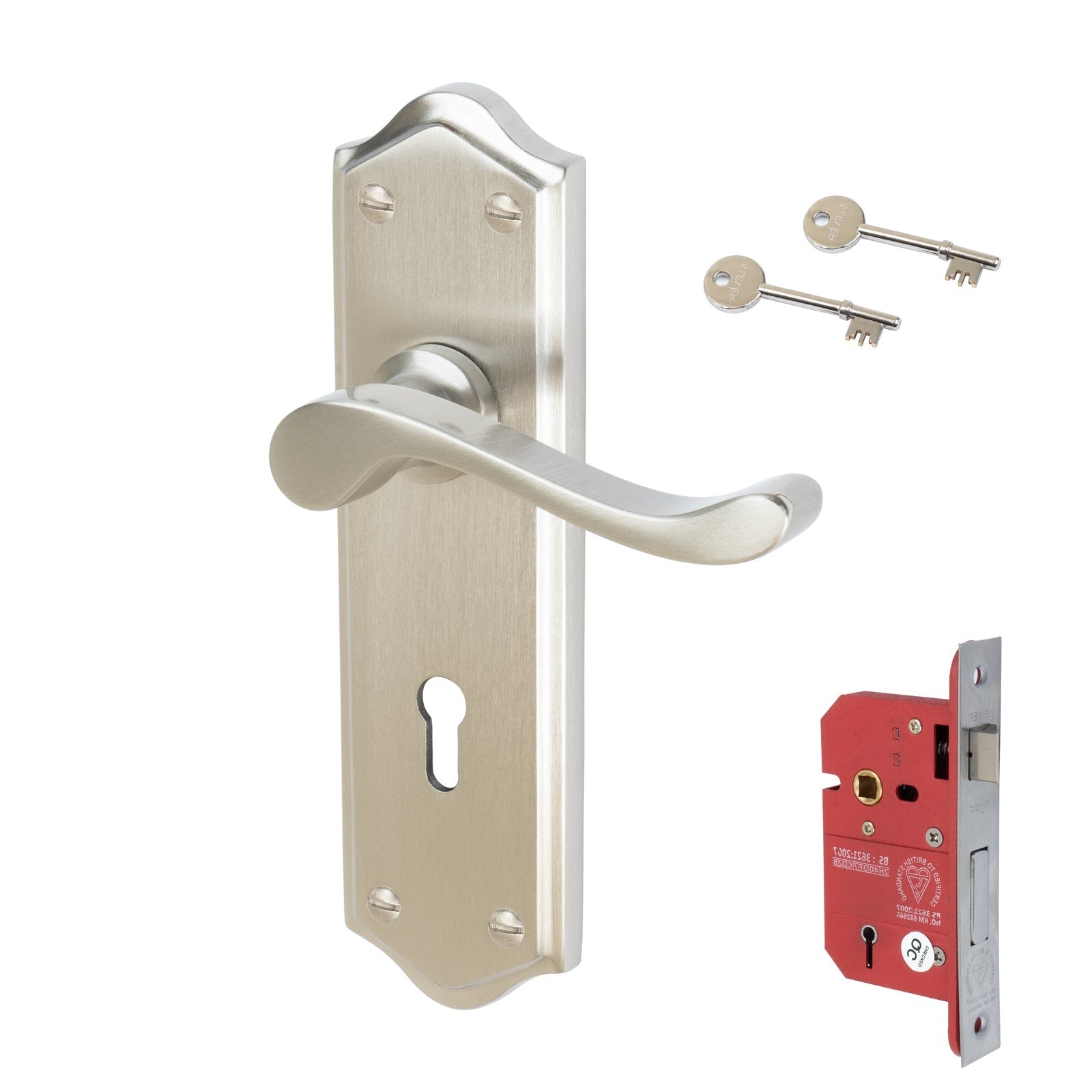 Buckingham Door Handles On Plate 5 Lever Lock Handle Set in Satin Nickel 