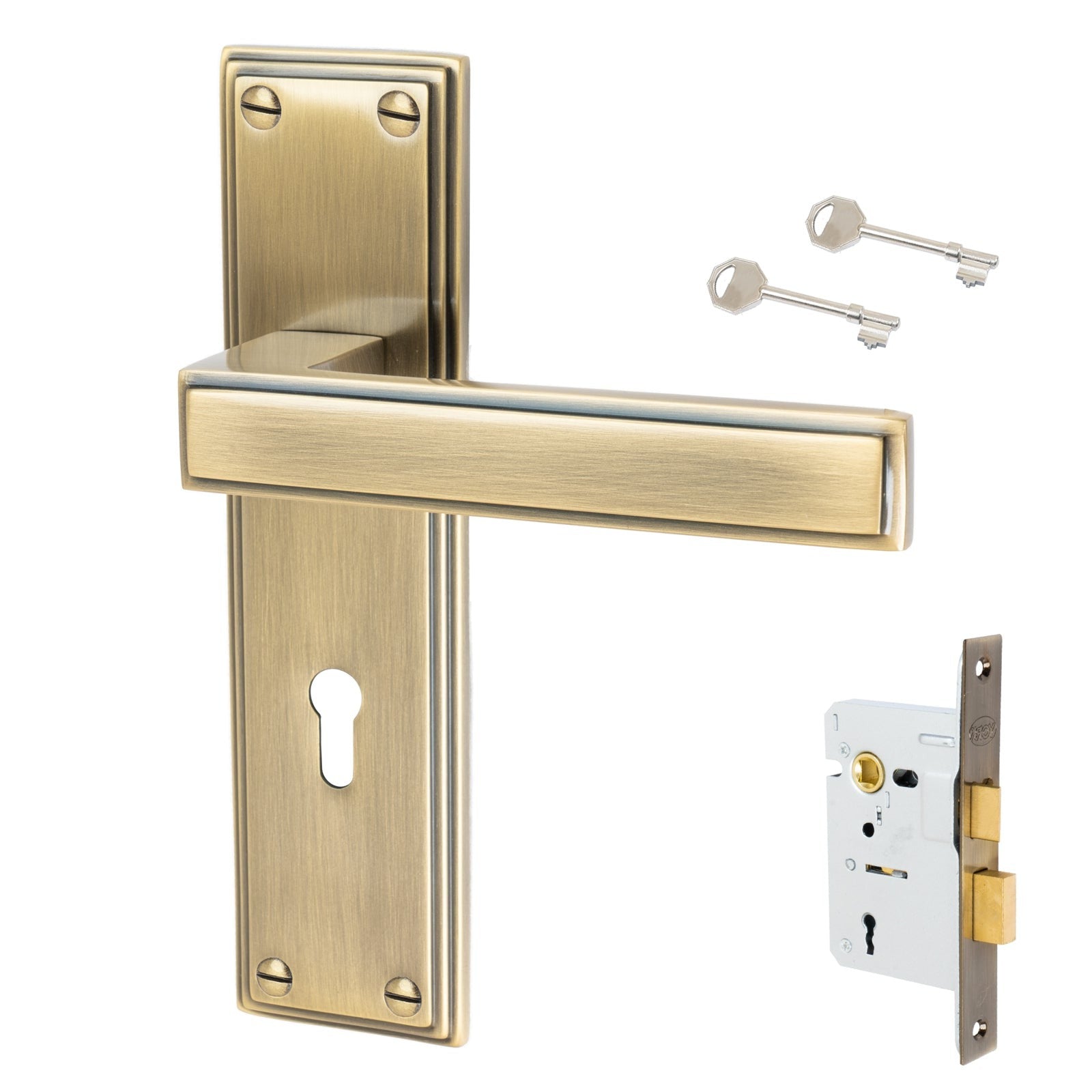 Atlantis Door Handles On Plate Lock Handle Set in Aged Brass