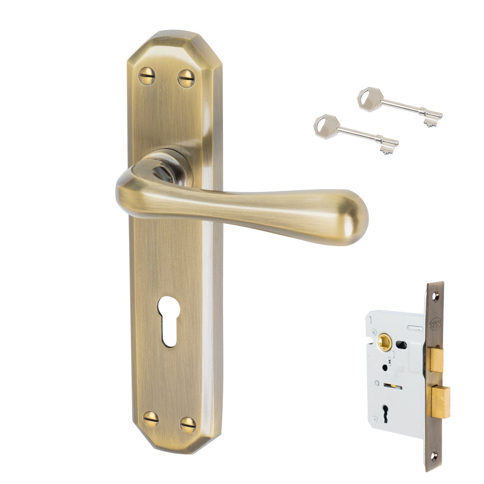 Charlbury Door Handles On Plate Lock Handle Set in Aged Brass