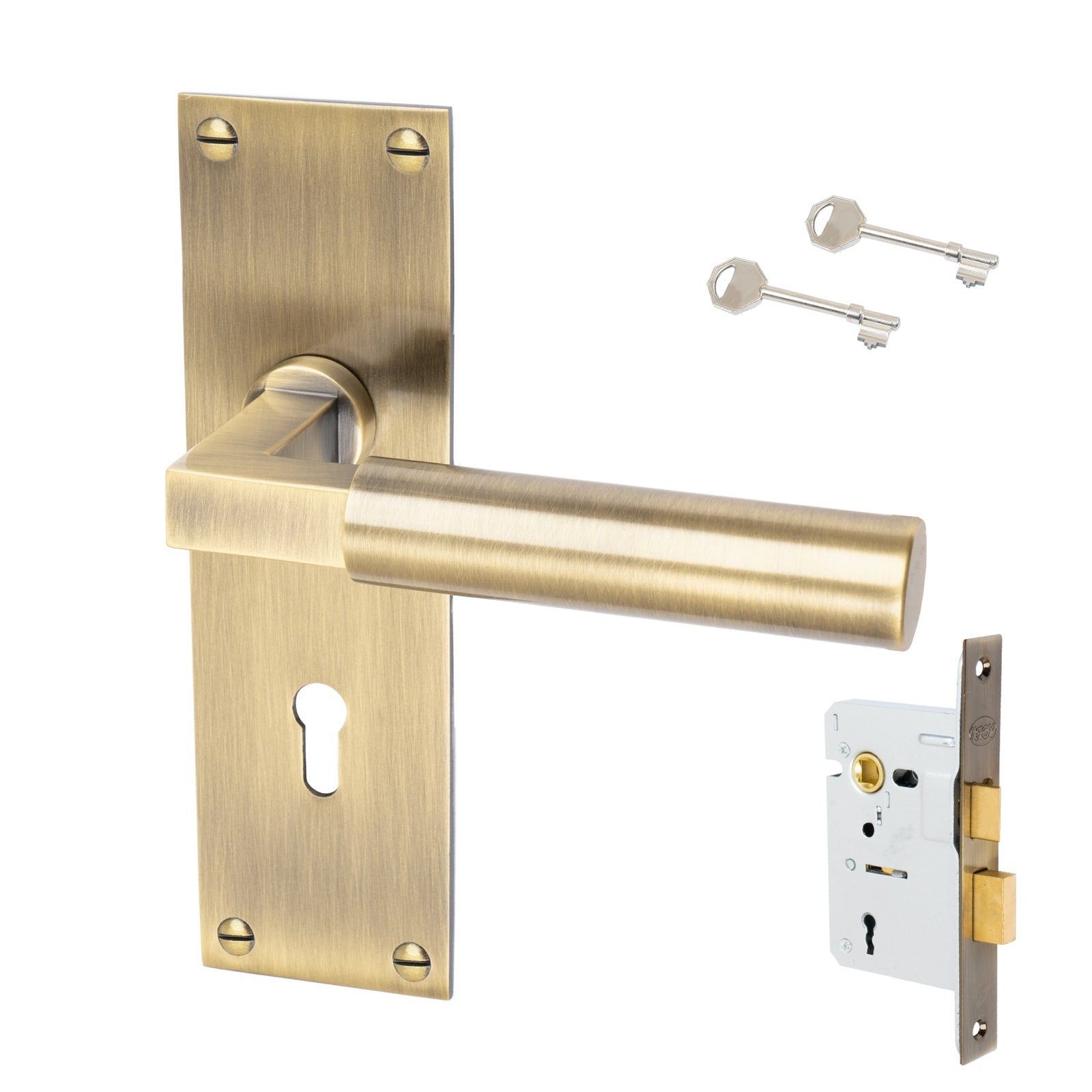 Bauhaus Door Handles On Plate Lock Handle Set in Aged Brass