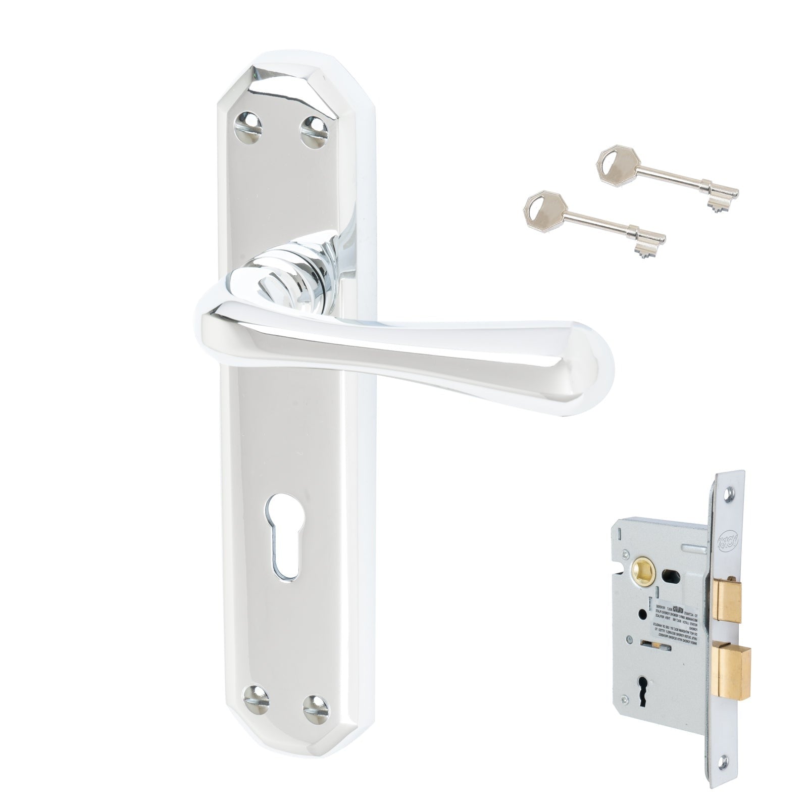 Charlbury Door Handles On Plate Lock Handle Set in Polished Chrome