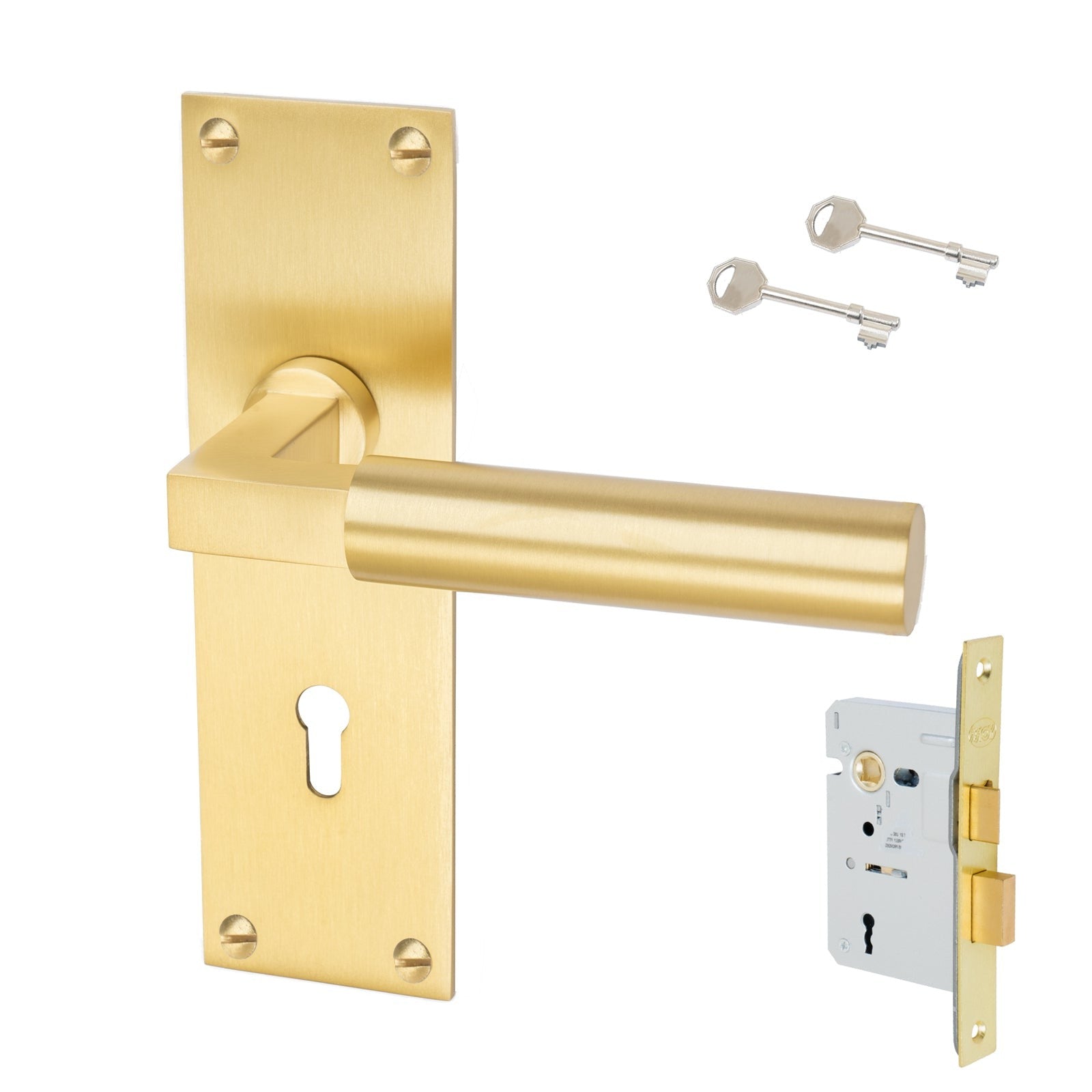 Bauhaus Door Handles On Plate Lock Handle Set in Satin Brass