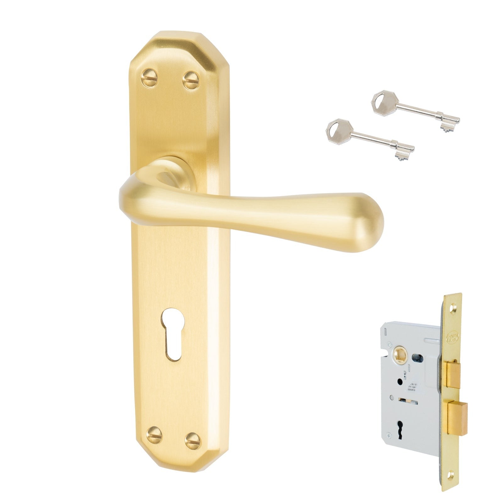 Charlbury Door Handles On Plate Lock Handle Set in Satin Brass