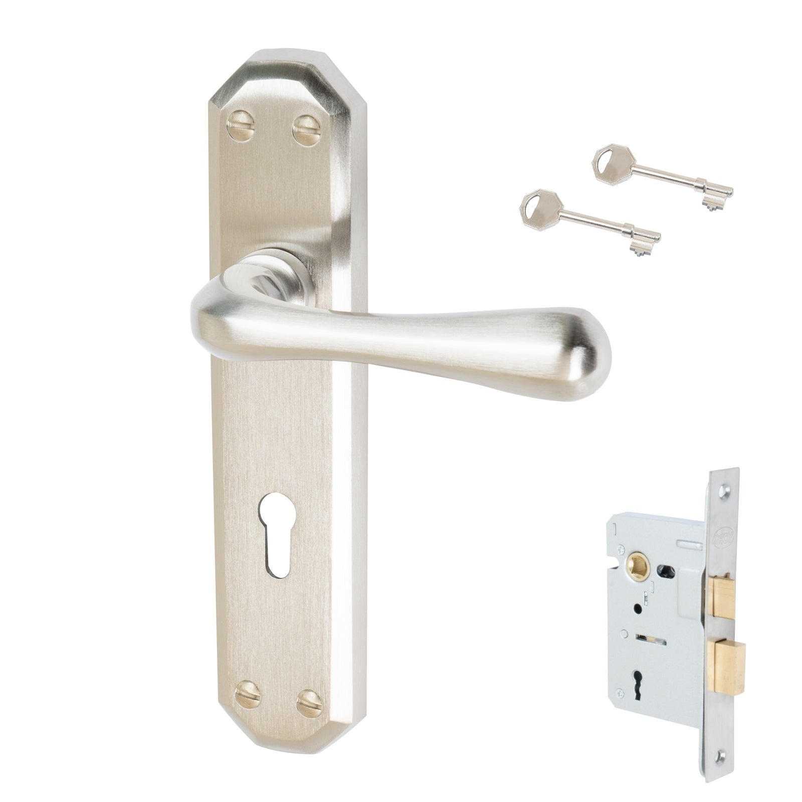 Charlbury Door Handles On Plate Lock Handle Set in Satin Nickel 