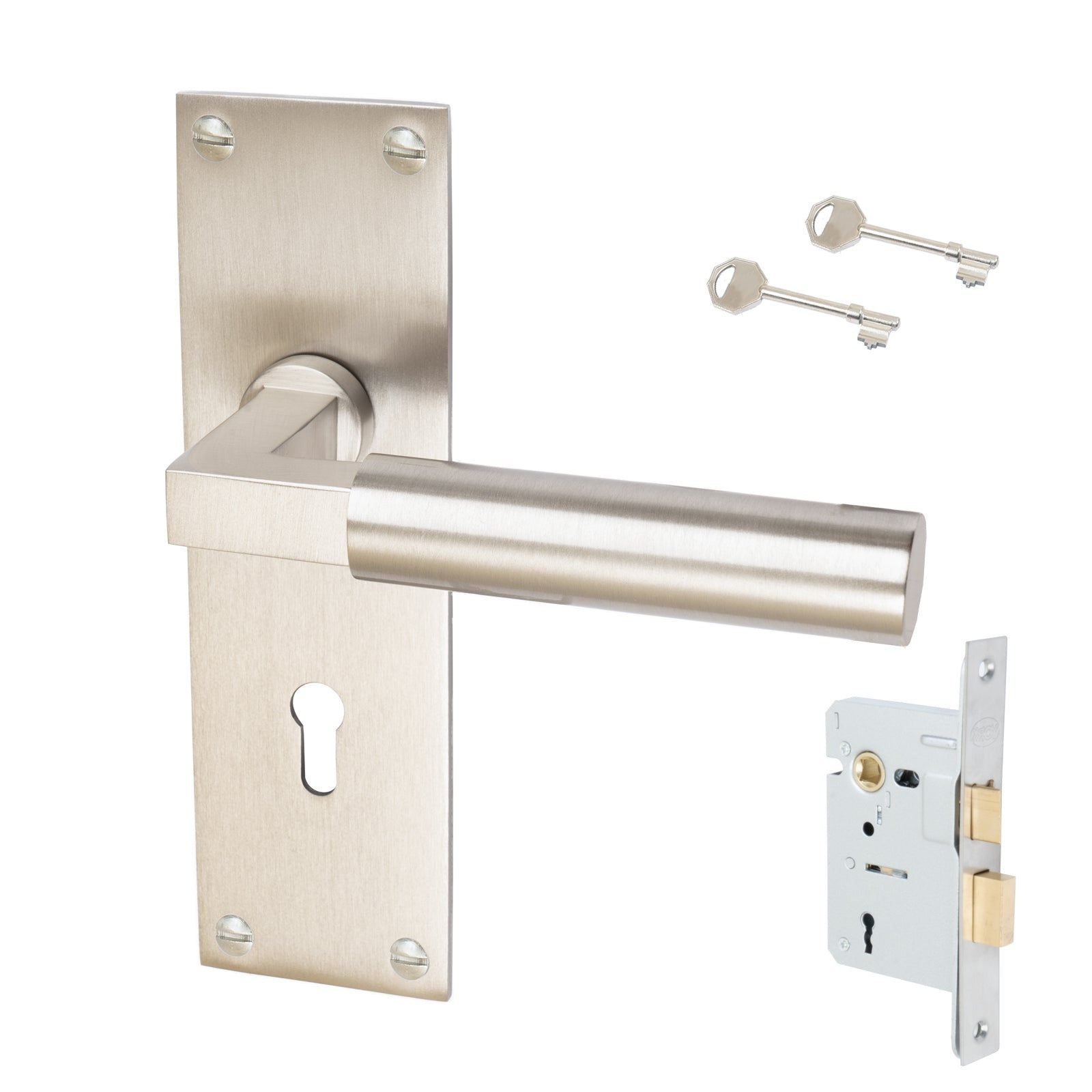 Bauhaus Door Handles On Plate Lock Handle Set in Satin Nickel 