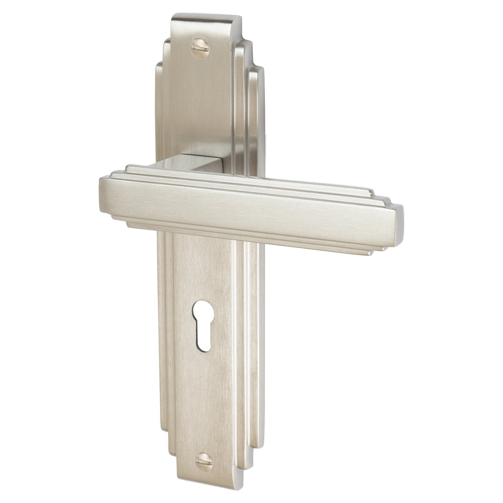 Astoria Door Handles On Plate Lock Handle in Satin Nickel 