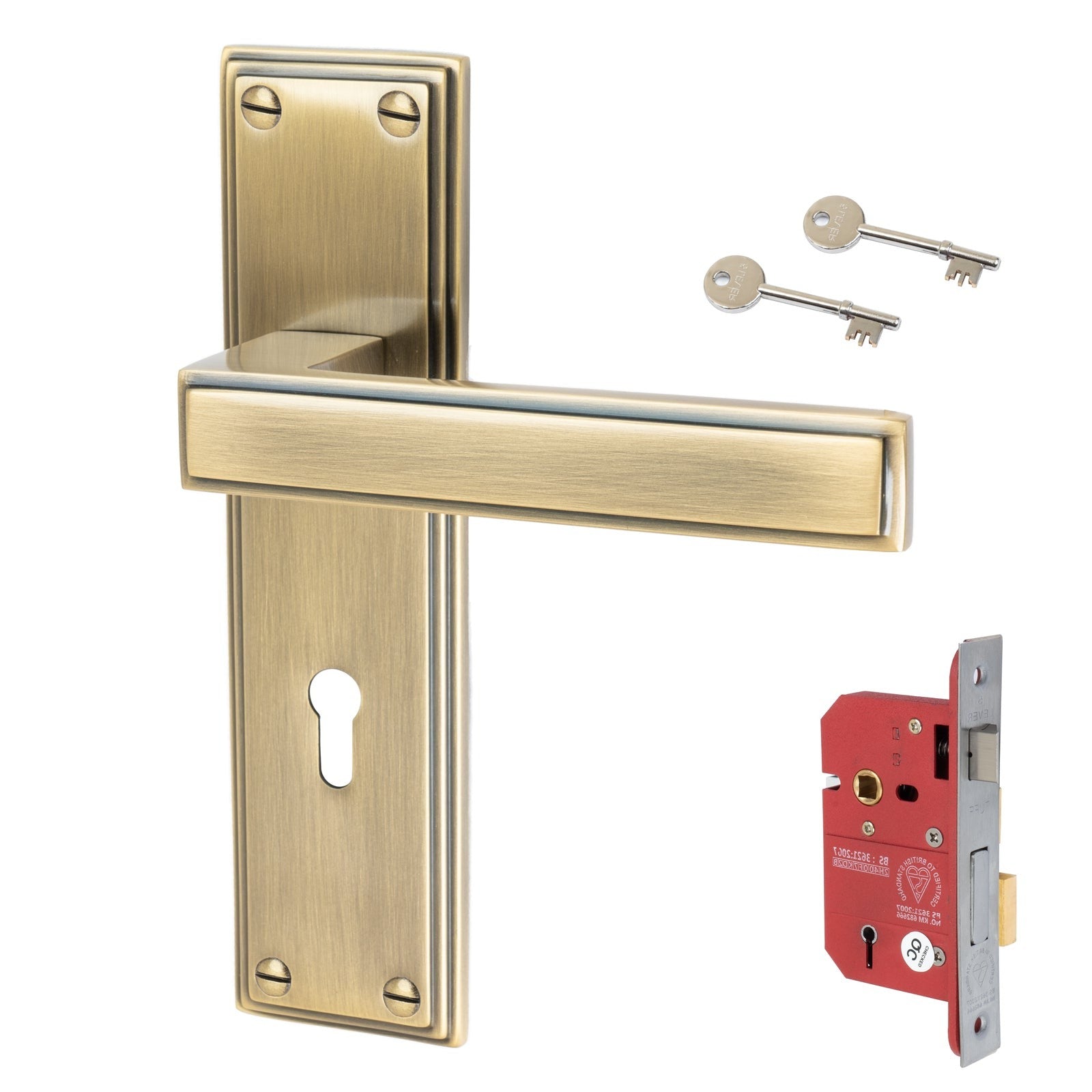 Atlantis Door Handles On Plate 5 Lever Lock Handle Set in Aged Brass