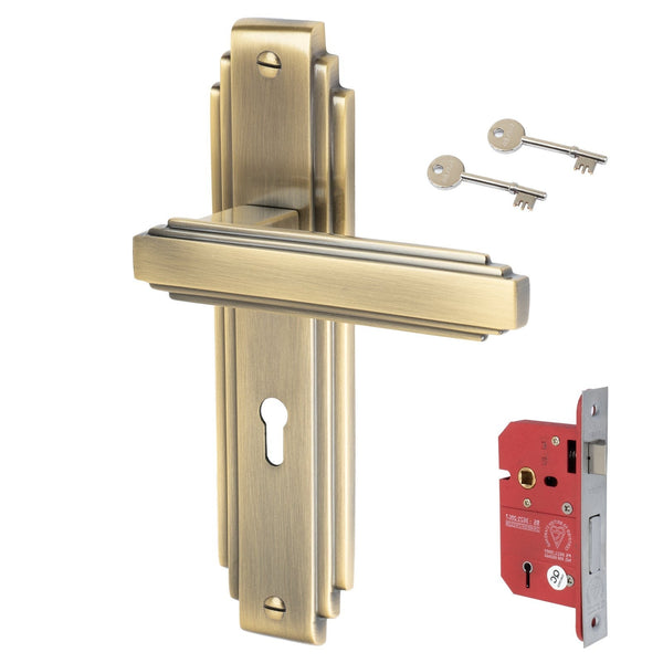Astoria Door Handles On Plate 5 Lever Lock Handle Set in Aged Brass 