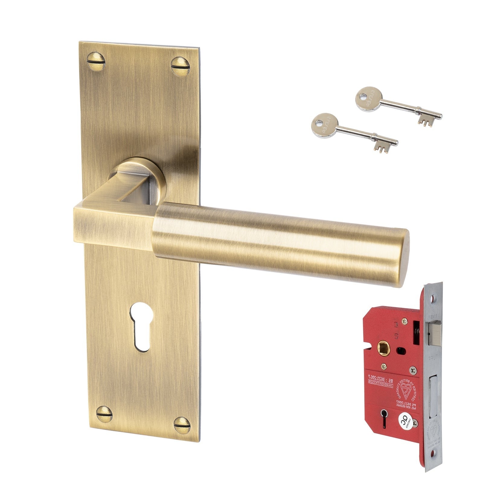 Bauhaus Door Handles On Plate 5 Lever Lock Handle Set in Aged Brass