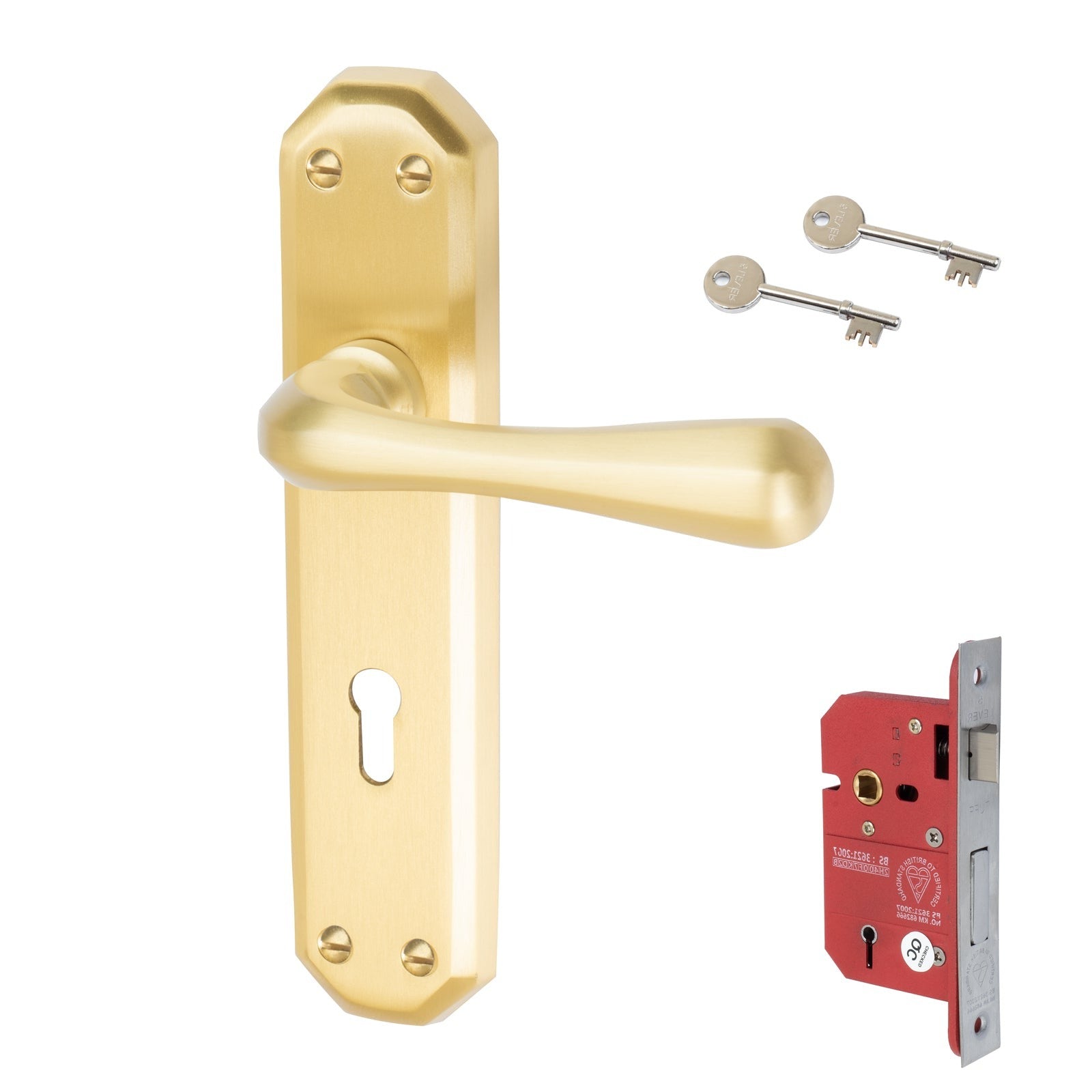 Charlbury Door Handles On Plate 5 Lever Lock Handle Set in Satin Brass