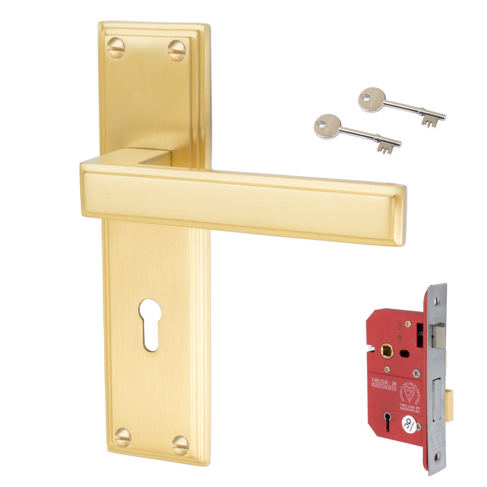 Atlantis Door Handles On Plate 5 Lever Lock Handle Set in Satin Brass