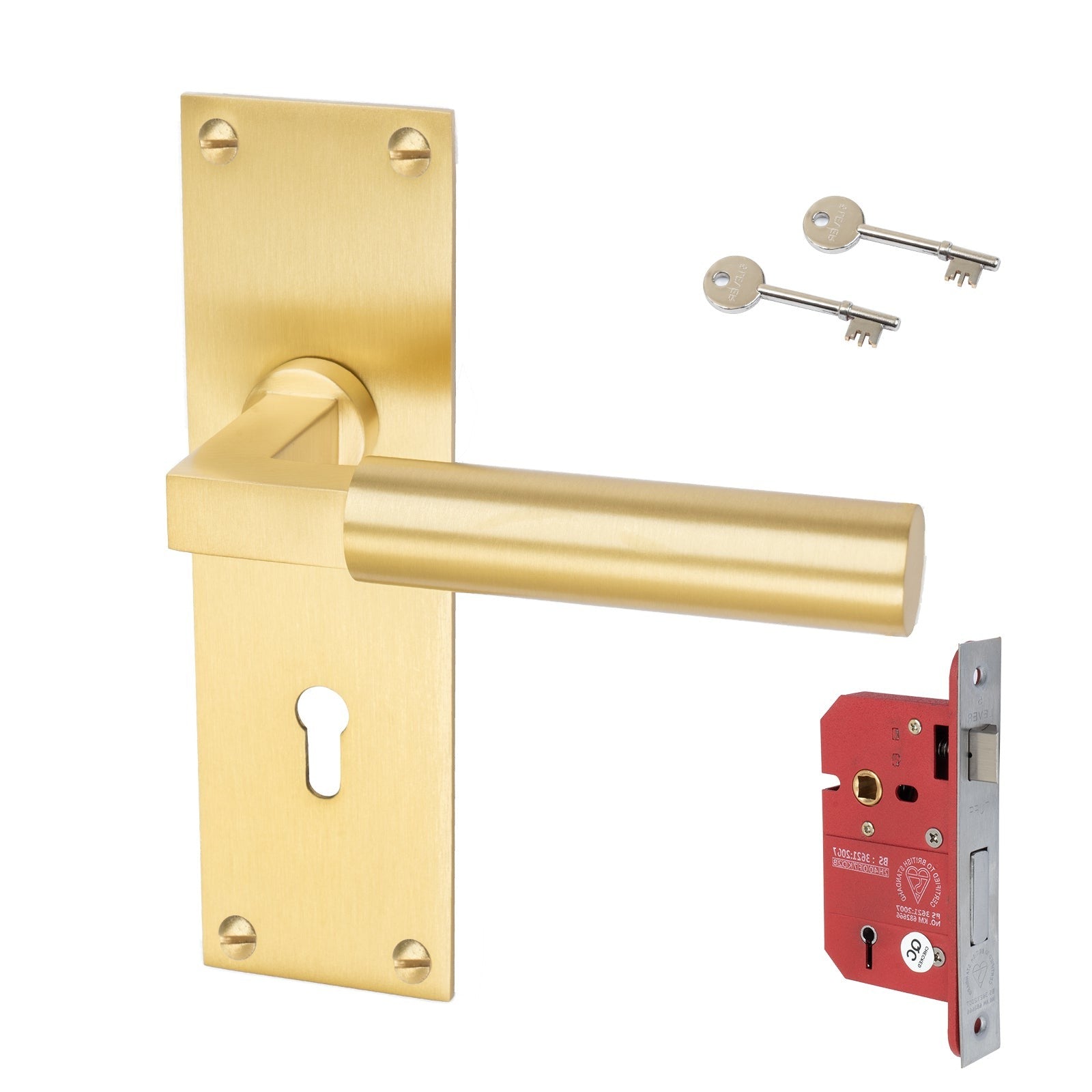 Bauhaus Door Handles On Plate 5 Lever Lock Handle Set in Satin Brass