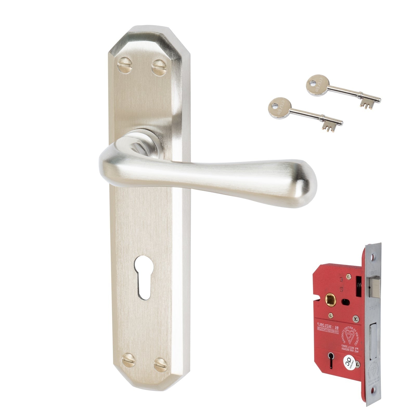 Charlbury Door Handles On Plate 5 Lever Lock Handle Set in Satin Nickel 