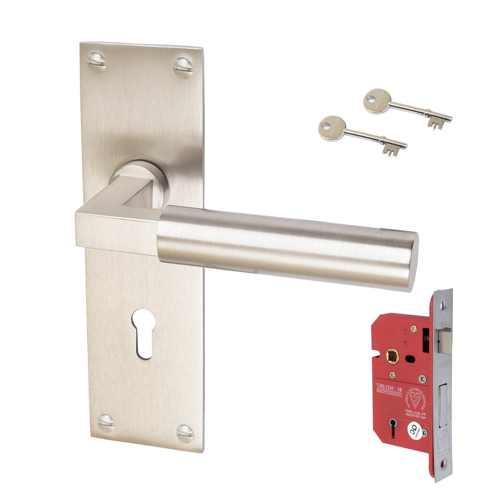 Bauhaus Door Handles On Plate 5 Lever Lock Handle Set in Satin Nickel 