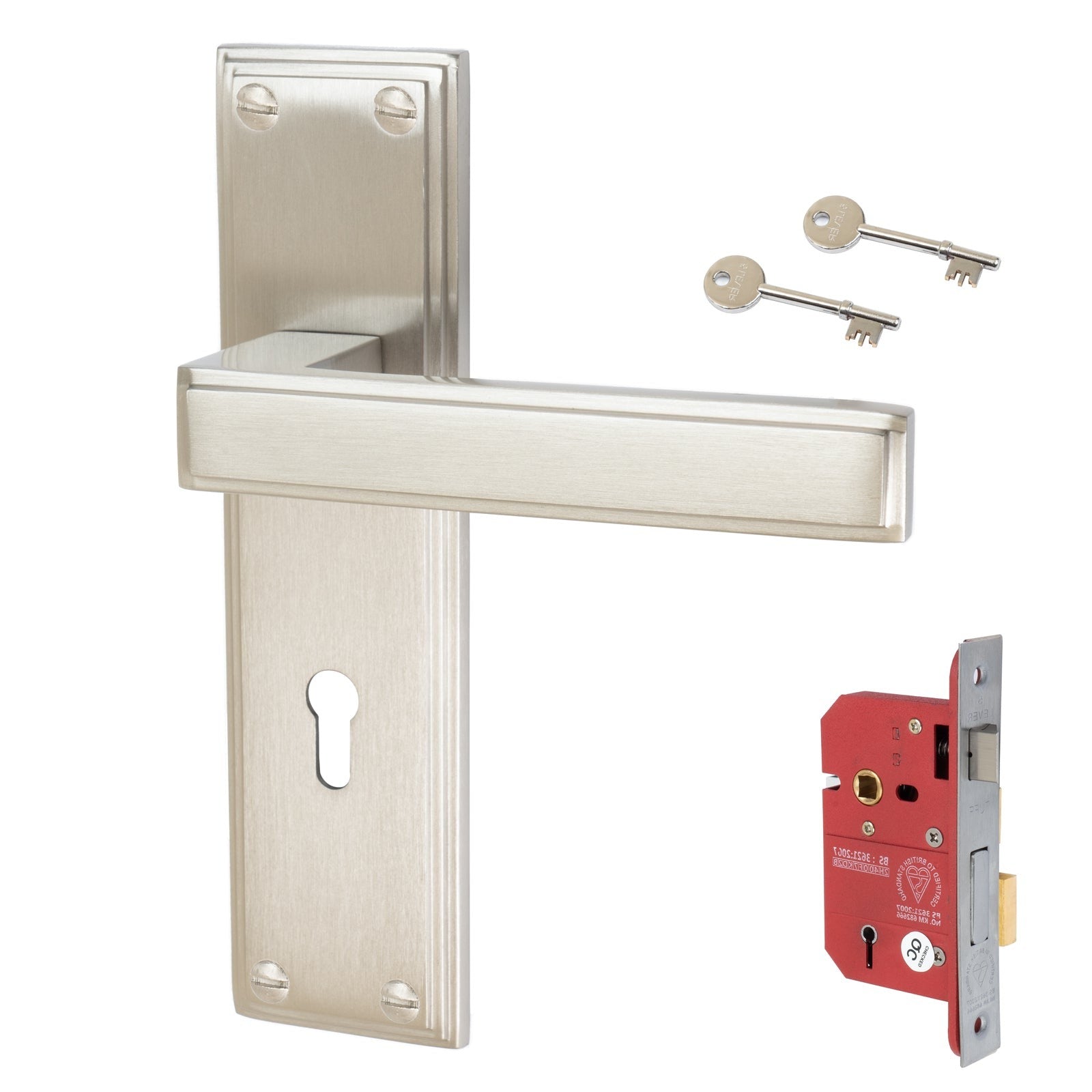 Atlantis Door Handles On Plate 5 Lever Lock Handle Set in Satin Nickel 