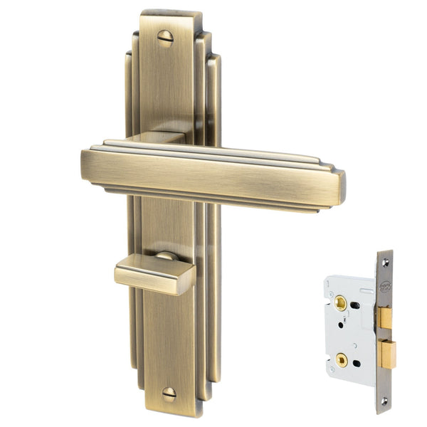 Astoria Door Handles On Plate Bathroom Handle Set in Aged Brass