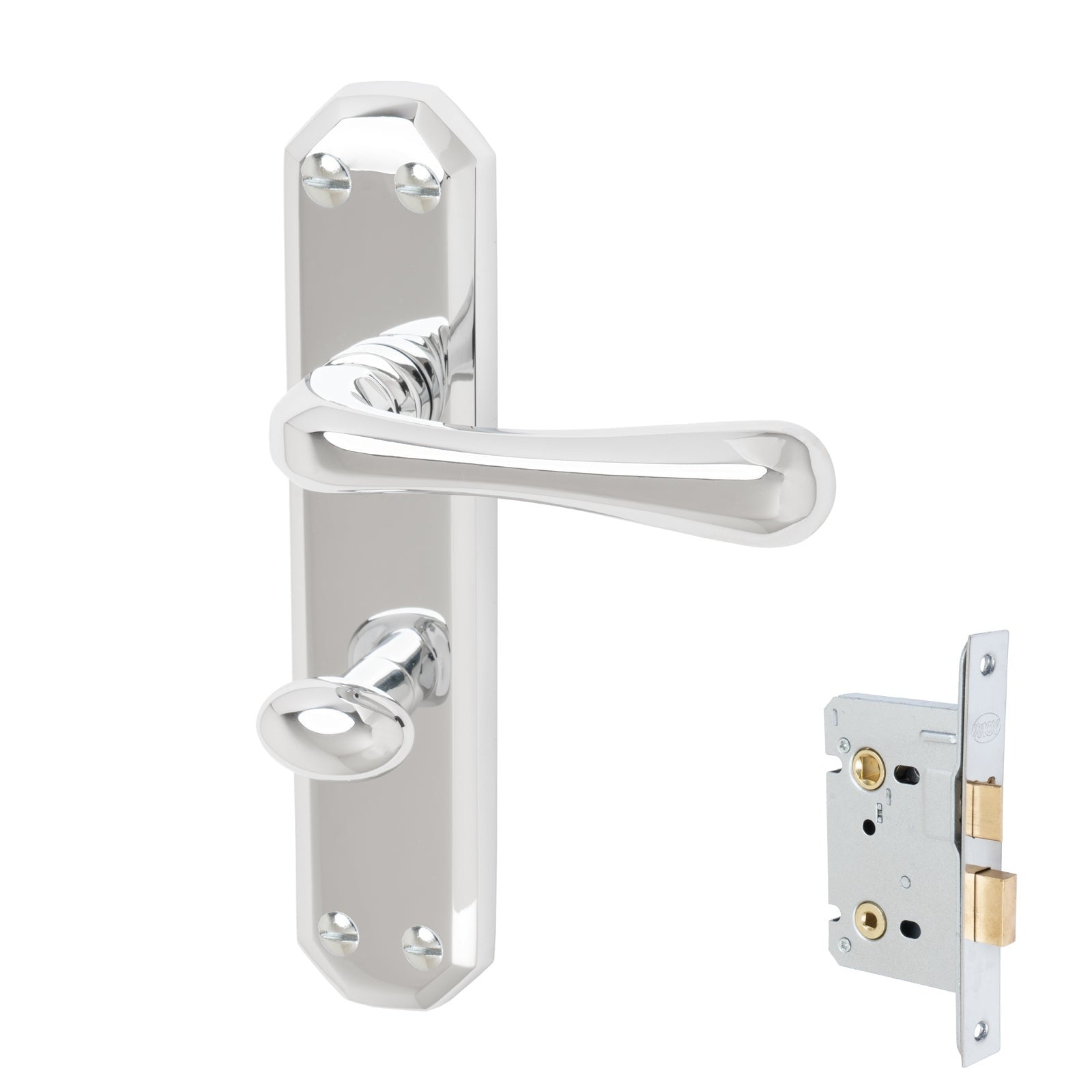 Charlbury Door Handles On Plate Bathroom Handle Set in Polished Chrome