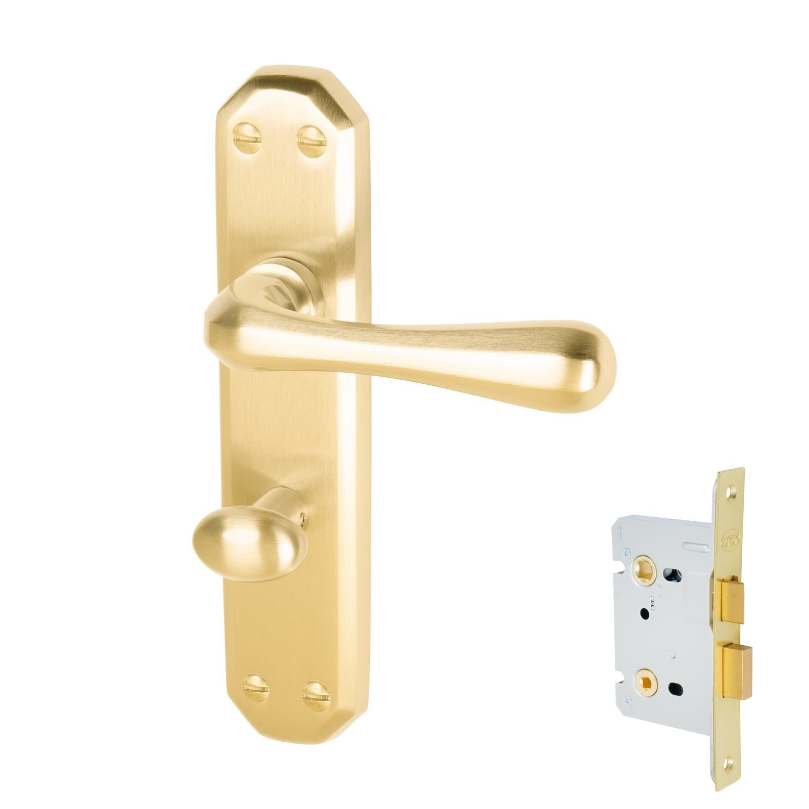 Charlbury Door Handles On Plate Bathroom Handle Set in Satin Brass