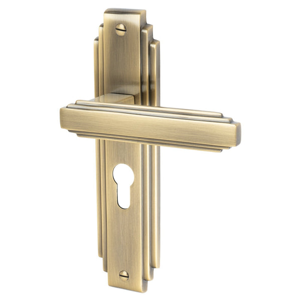 Astoria Door Handles On Plate Euro Lock Handle in Aged Brass 