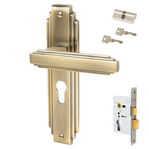 Astoria Door Handles On Plate Euro Handle Set in Aged Brass