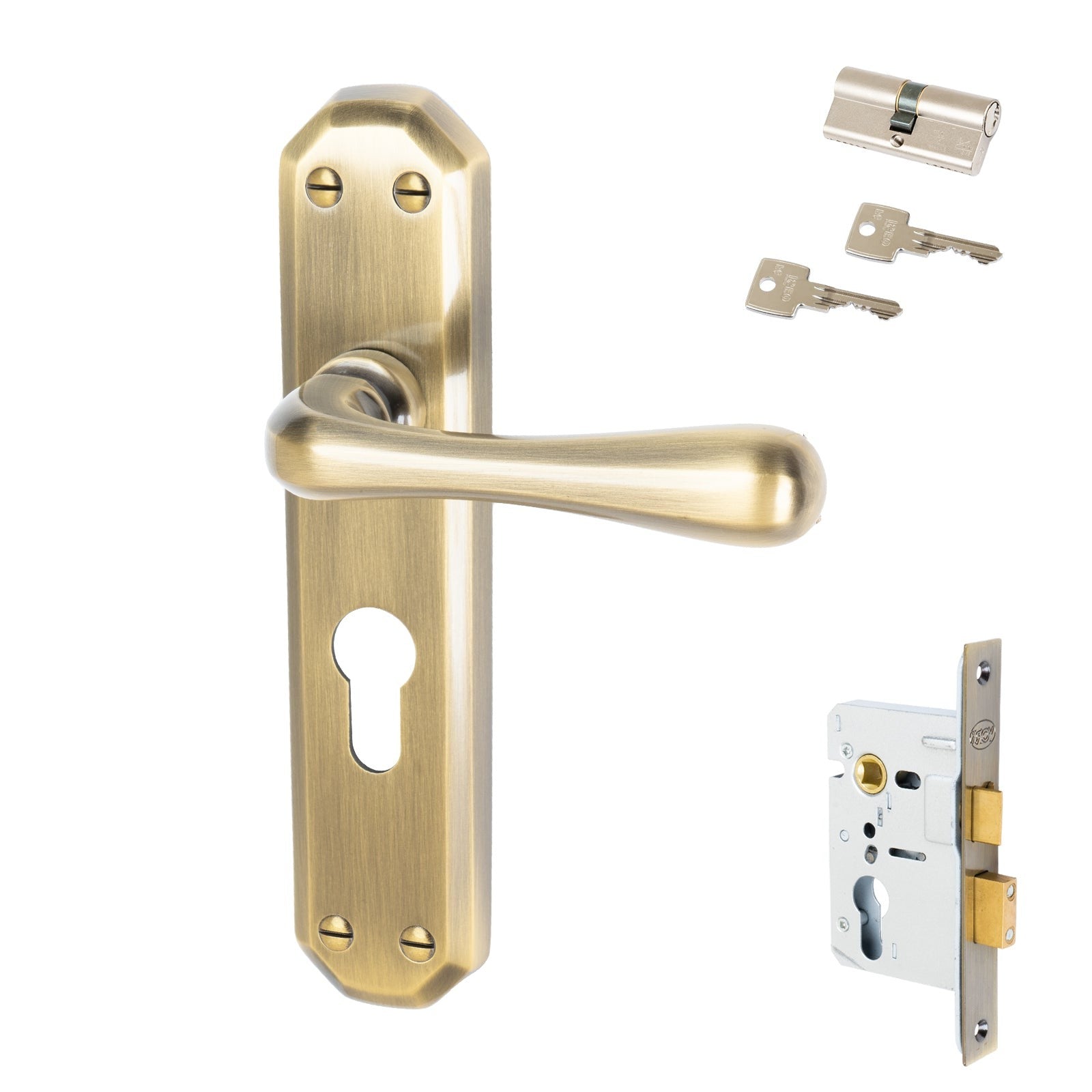 Charlbury Door Handles On Plate Euro Lock Handle Set in Aged Brass