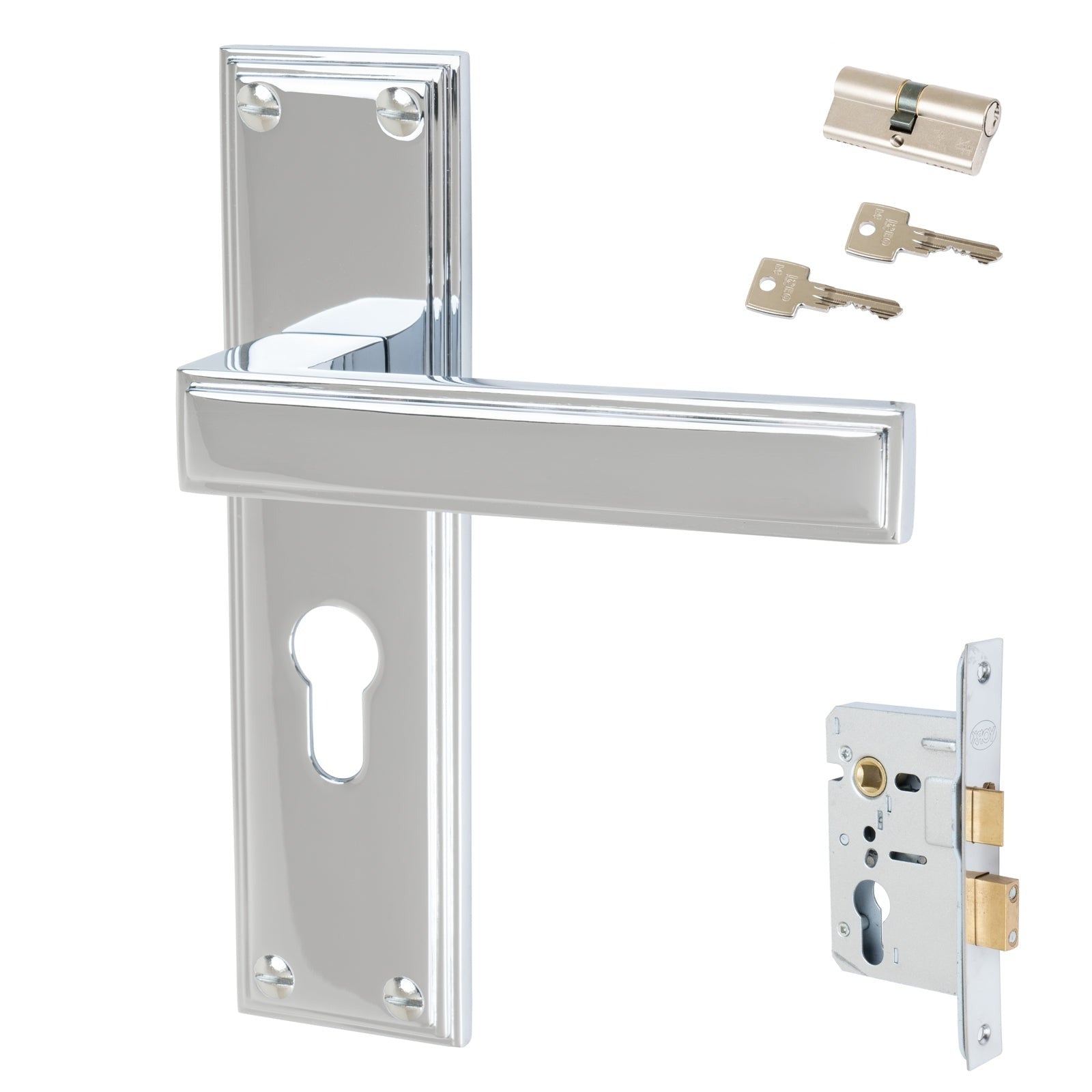 Atlantis Door Handles On Plate Euro Lock Handle Set in Polished Chrome