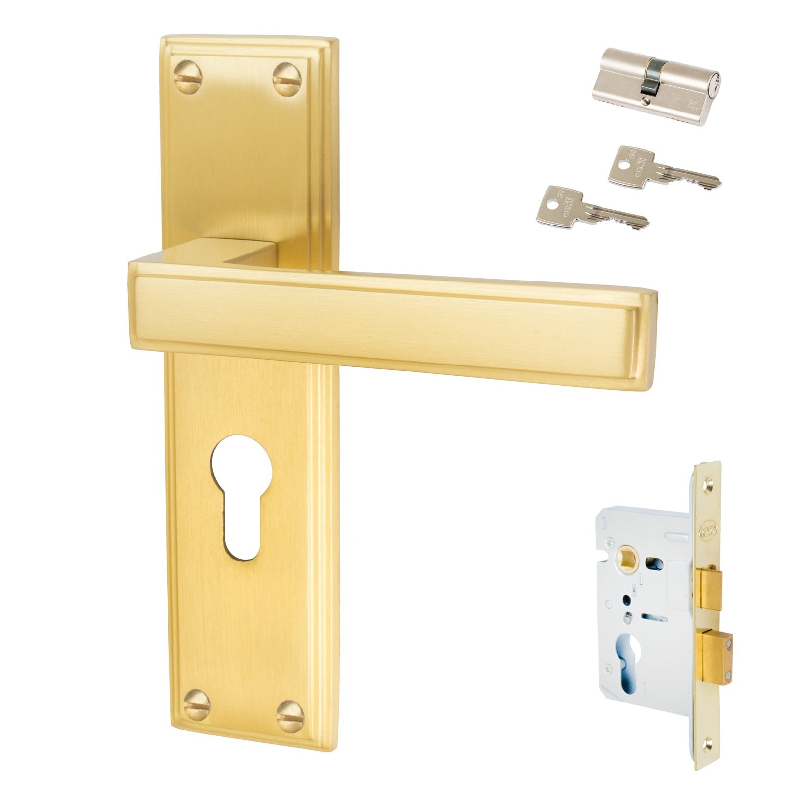 Atlantis Door Handles On Plate Euro Lock Handle Set in Satin Brass