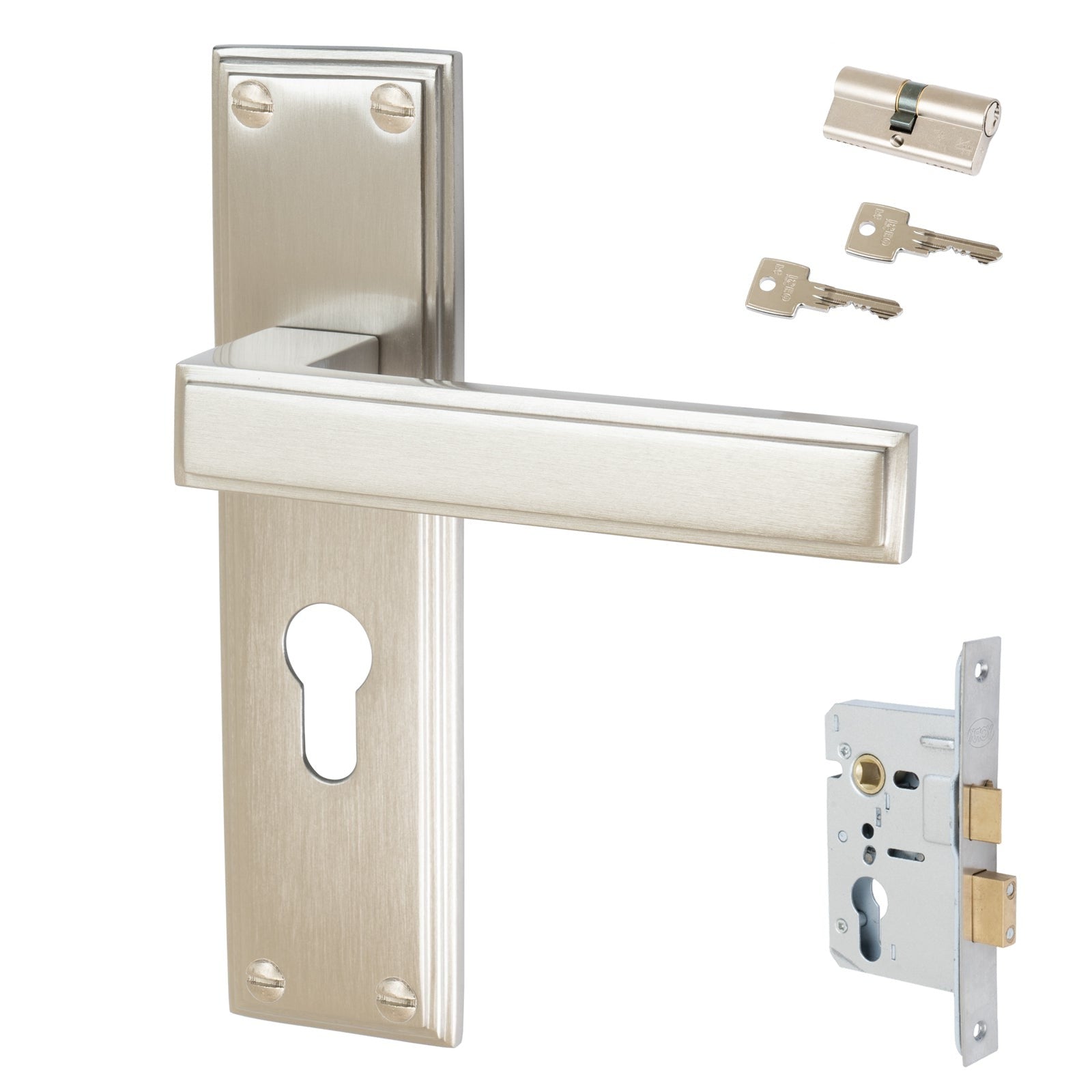 Atlantis Door Handles On Plate Euro Lock Handle Set in Satin Nickel