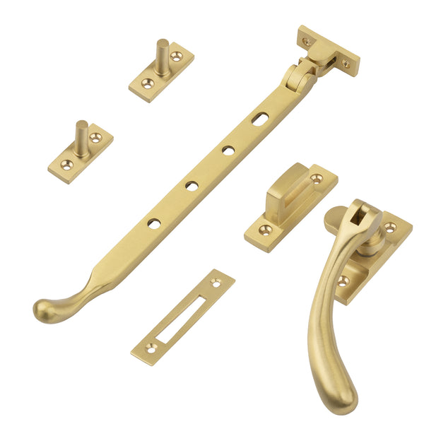 Satin brass 10 inch ball end casement window stay set SHOW